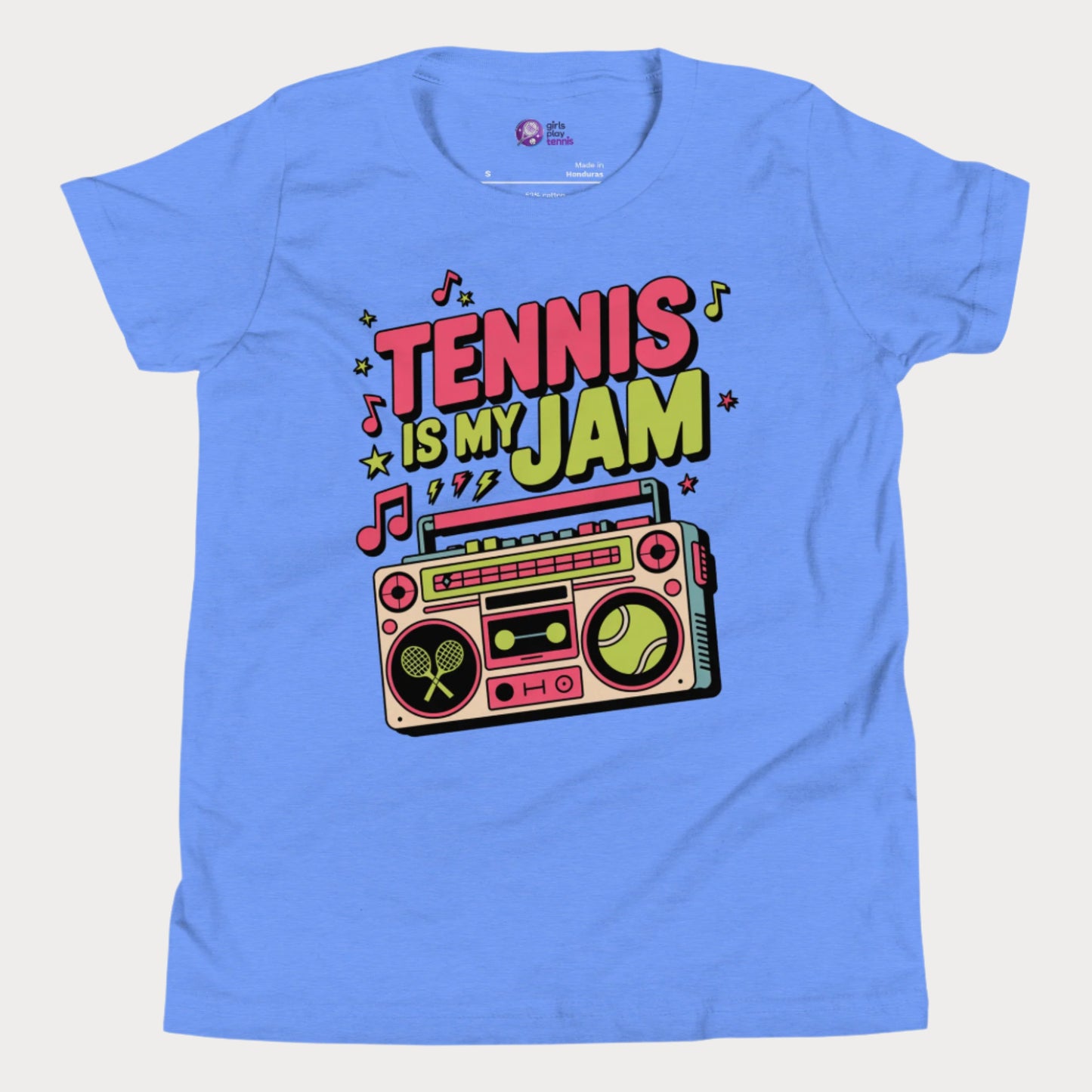 Girls tennis t-shirt with retro boombox and “Tennis Is My Jam” slogan on blue tee.