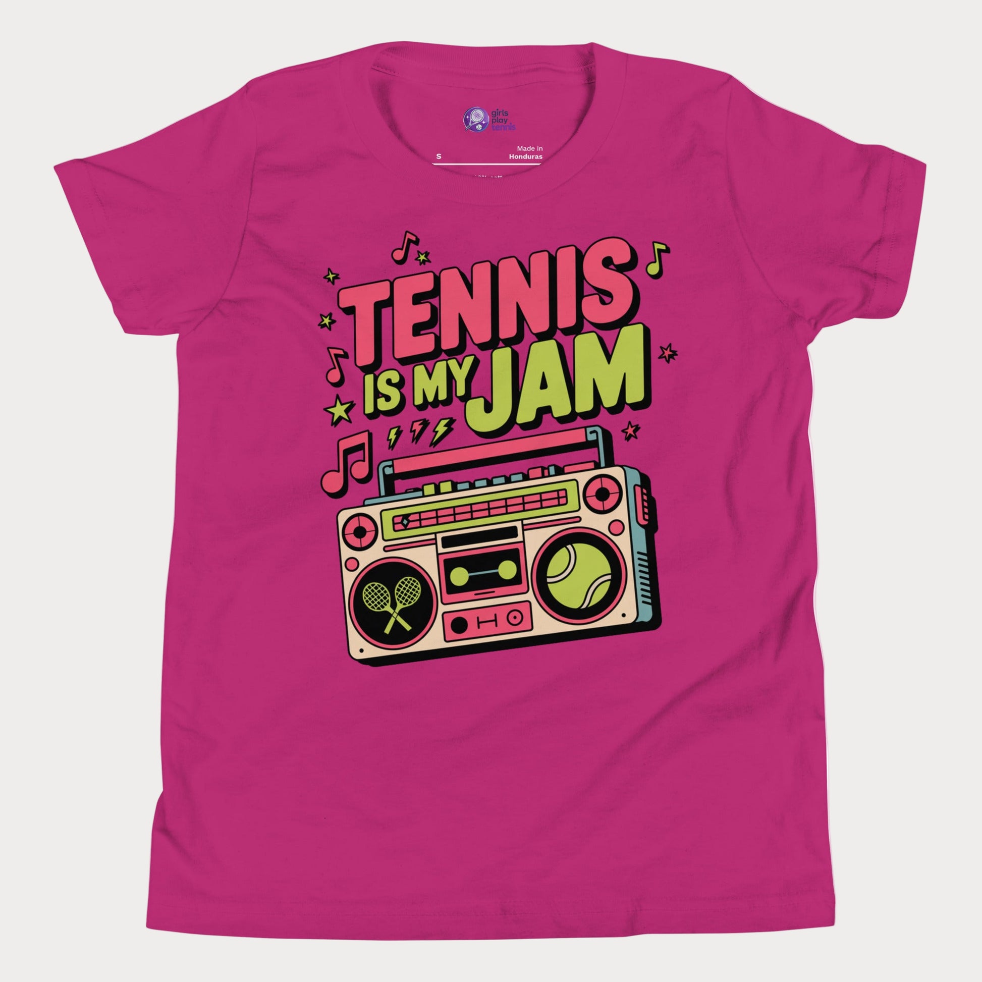 Girls tennis t-shirt with retro boombox and “Tennis Is My Jam” slogan on berry tee.