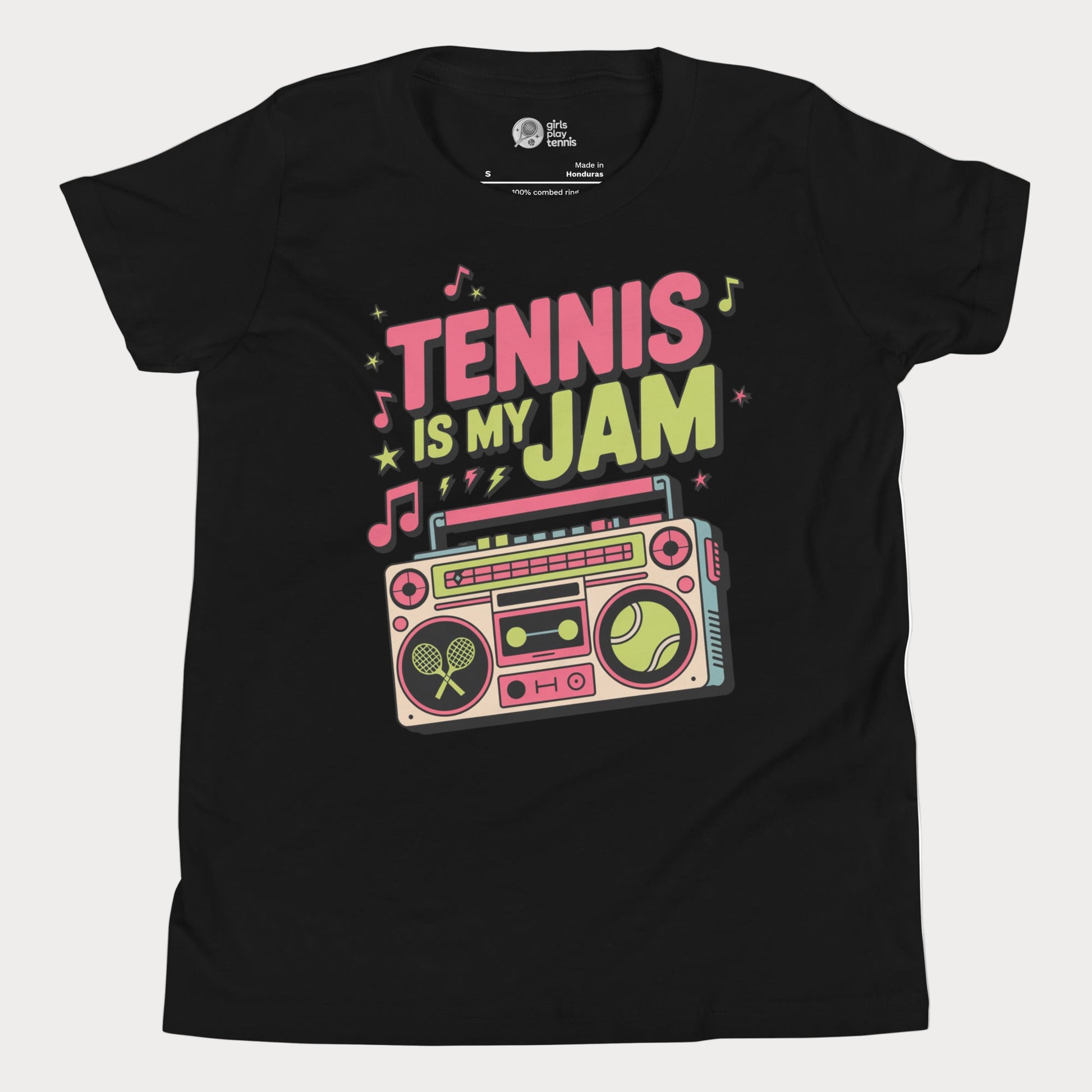 Girls tennis t-shirt with retro boombox and “Tennis Is My Jam” slogan on black tee.