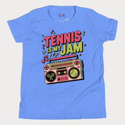 Girls tennis t-shirt with retro boombox and “Tennis Is My Jam” slogan on blue tee.