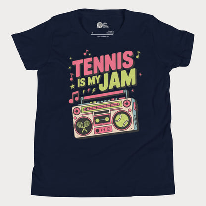 Girls tennis t-shirt with retro boombox and “Tennis Is My Jam” slogan on navy tee.
