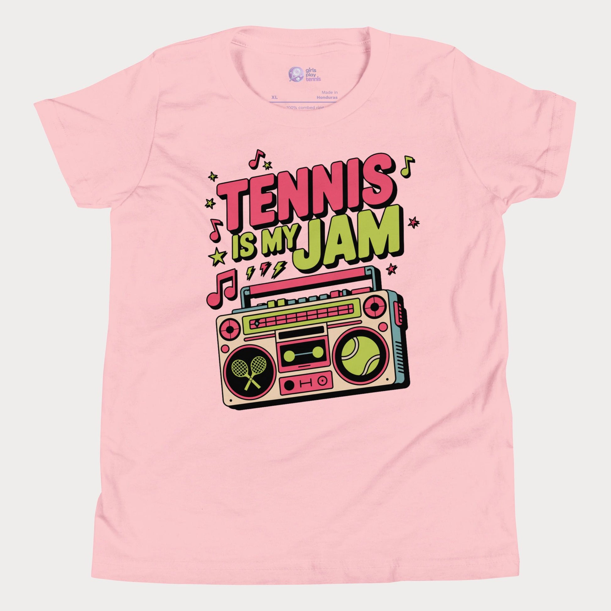 Girls tennis t-shirt with retro boombox and “Tennis Is My Jam” slogan on pink tee.
