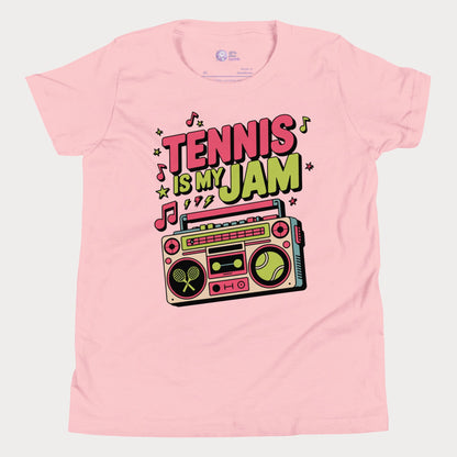 Girls tennis t-shirt with retro boombox and “Tennis Is My Jam” slogan on pink tee.
