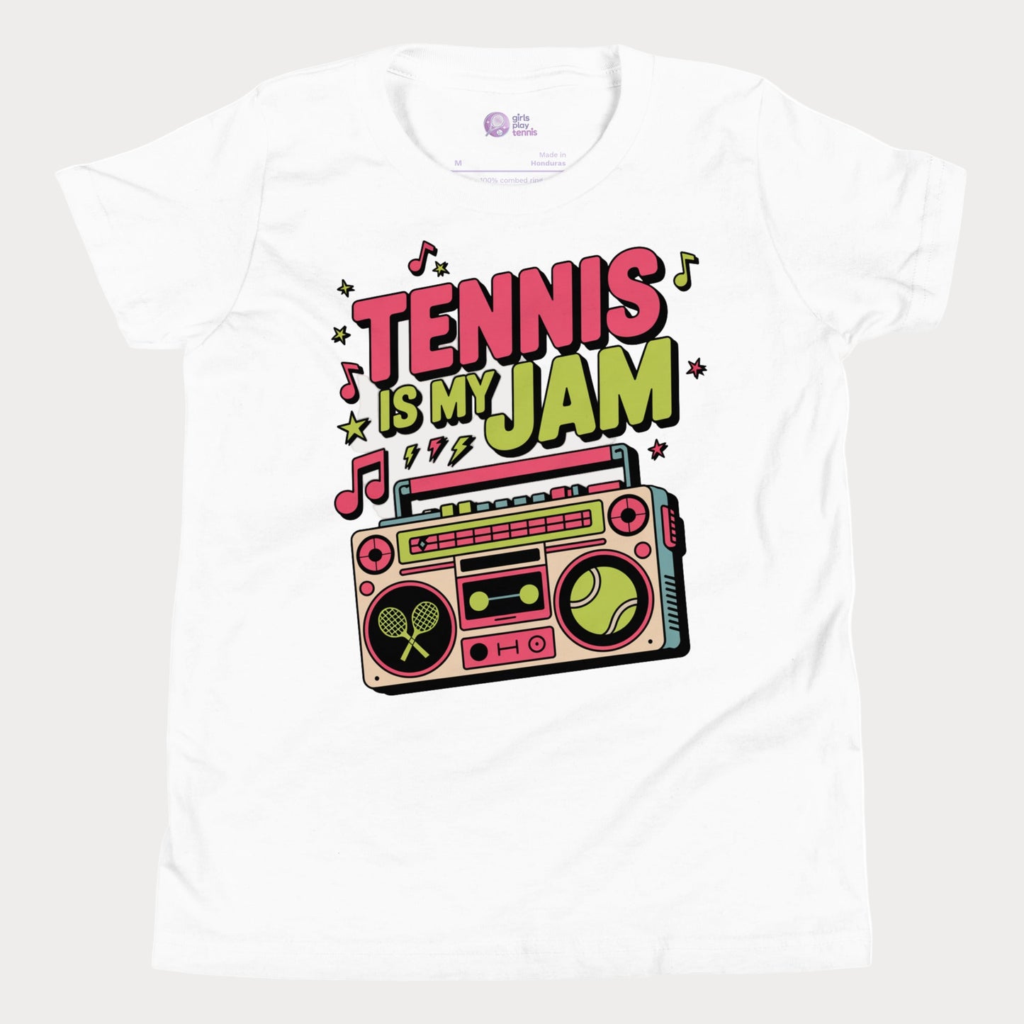 Girls tennis t-shirt with retro boombox and “Tennis Is My Jam” slogan on white tee.
