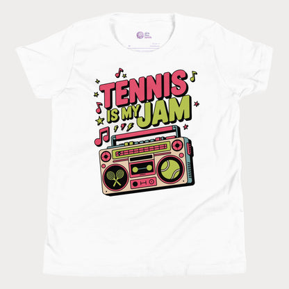 Girls tennis t-shirt with retro boombox and “Tennis Is My Jam” slogan on white tee.