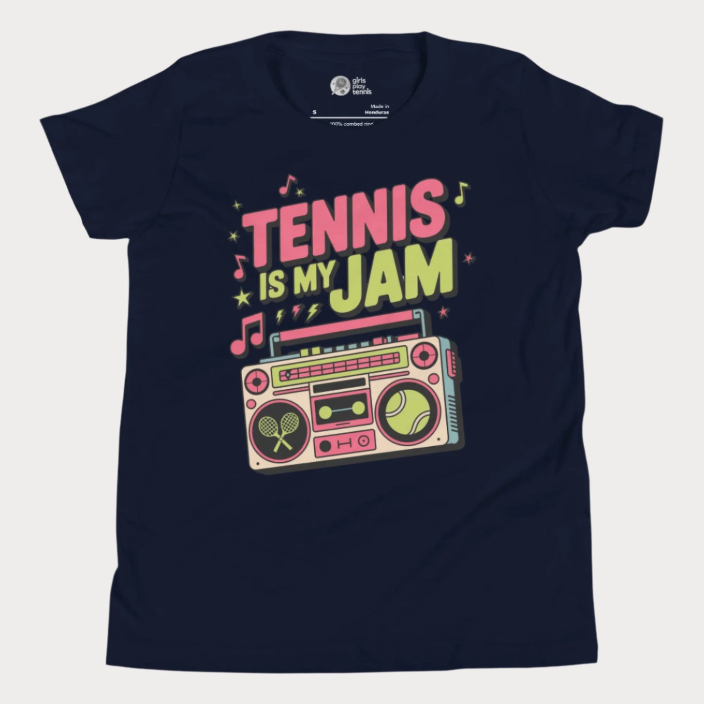 Girls tennis t-shirt with retro boombox and “Tennis Is My Jam” slogan on navy tee.