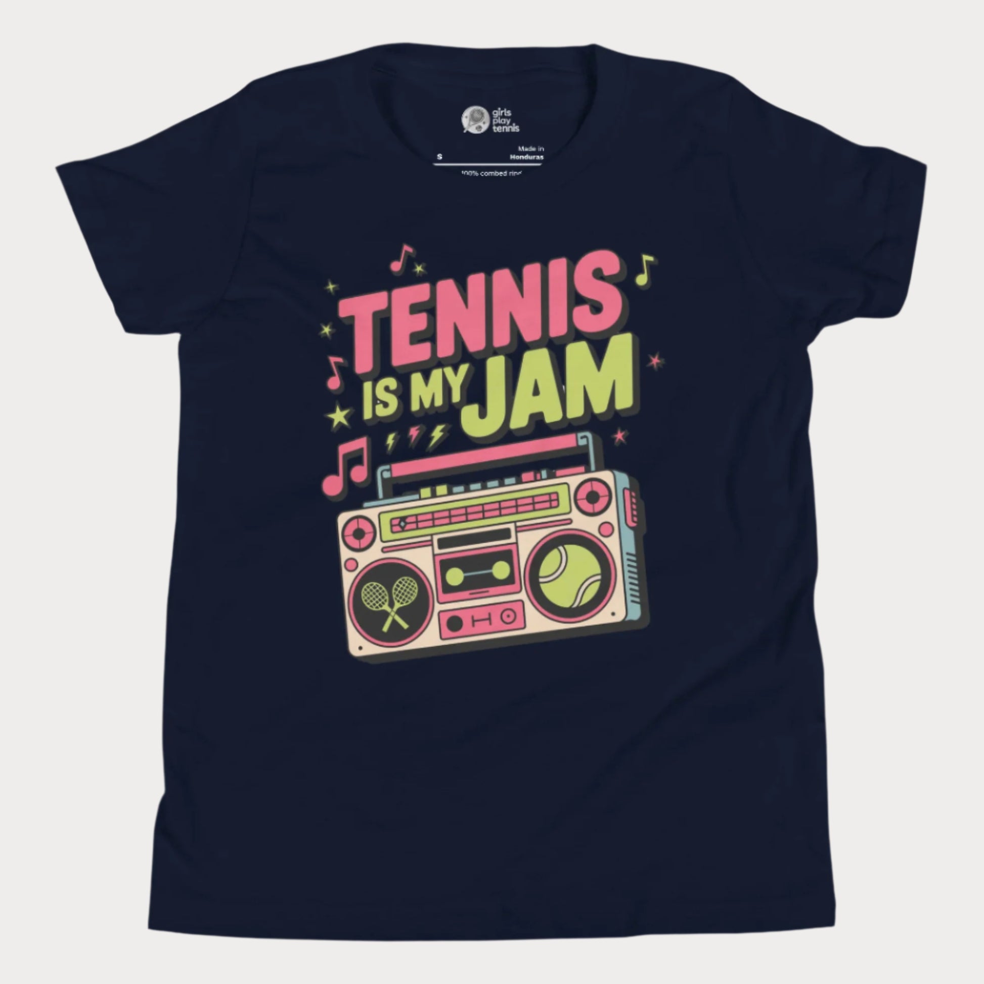 Girls tennis t-shirt with retro boombox and “Tennis Is My Jam” slogan on navy tee.