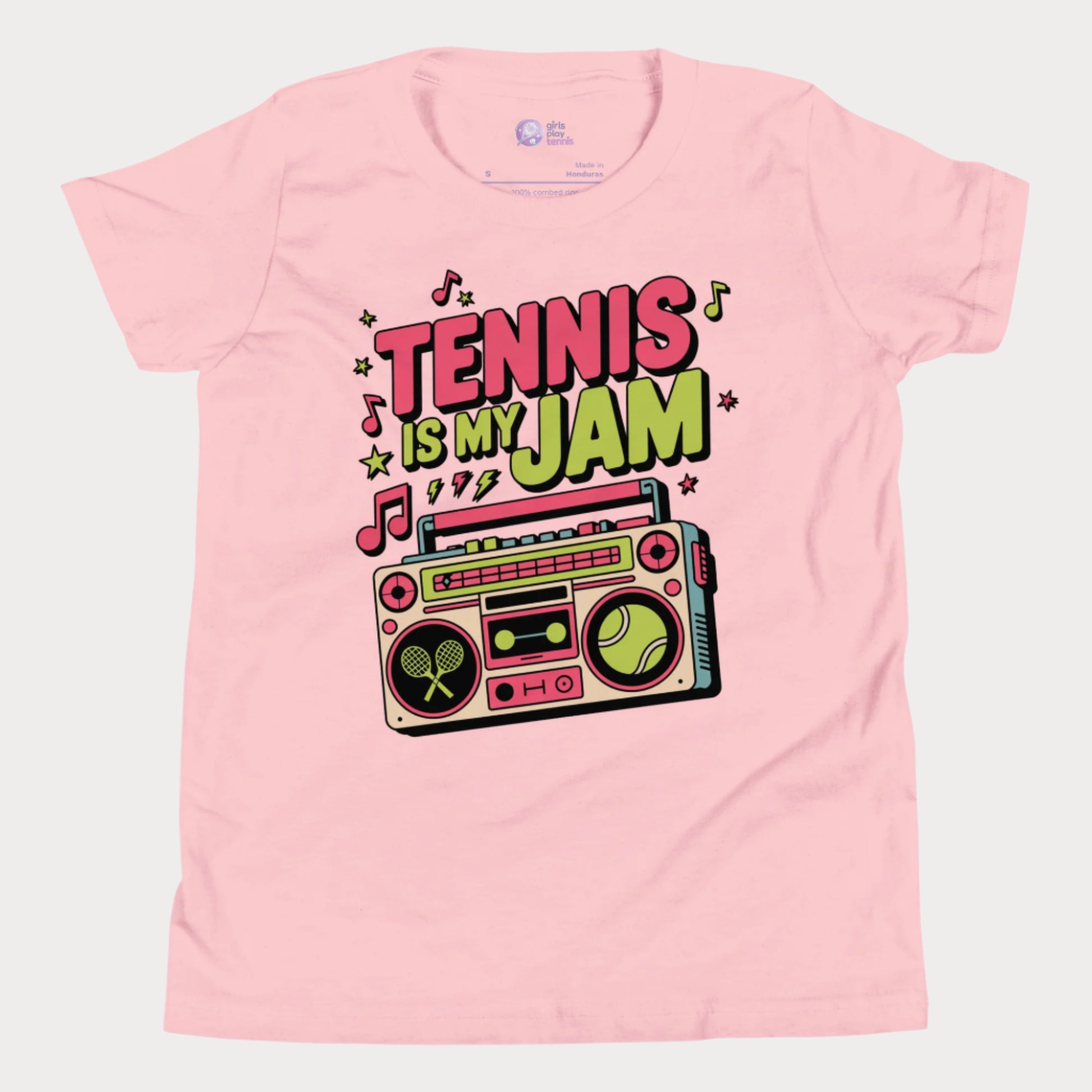 Girls tennis t-shirt with retro boombox and “Tennis Is My Jam” slogan on pink tee