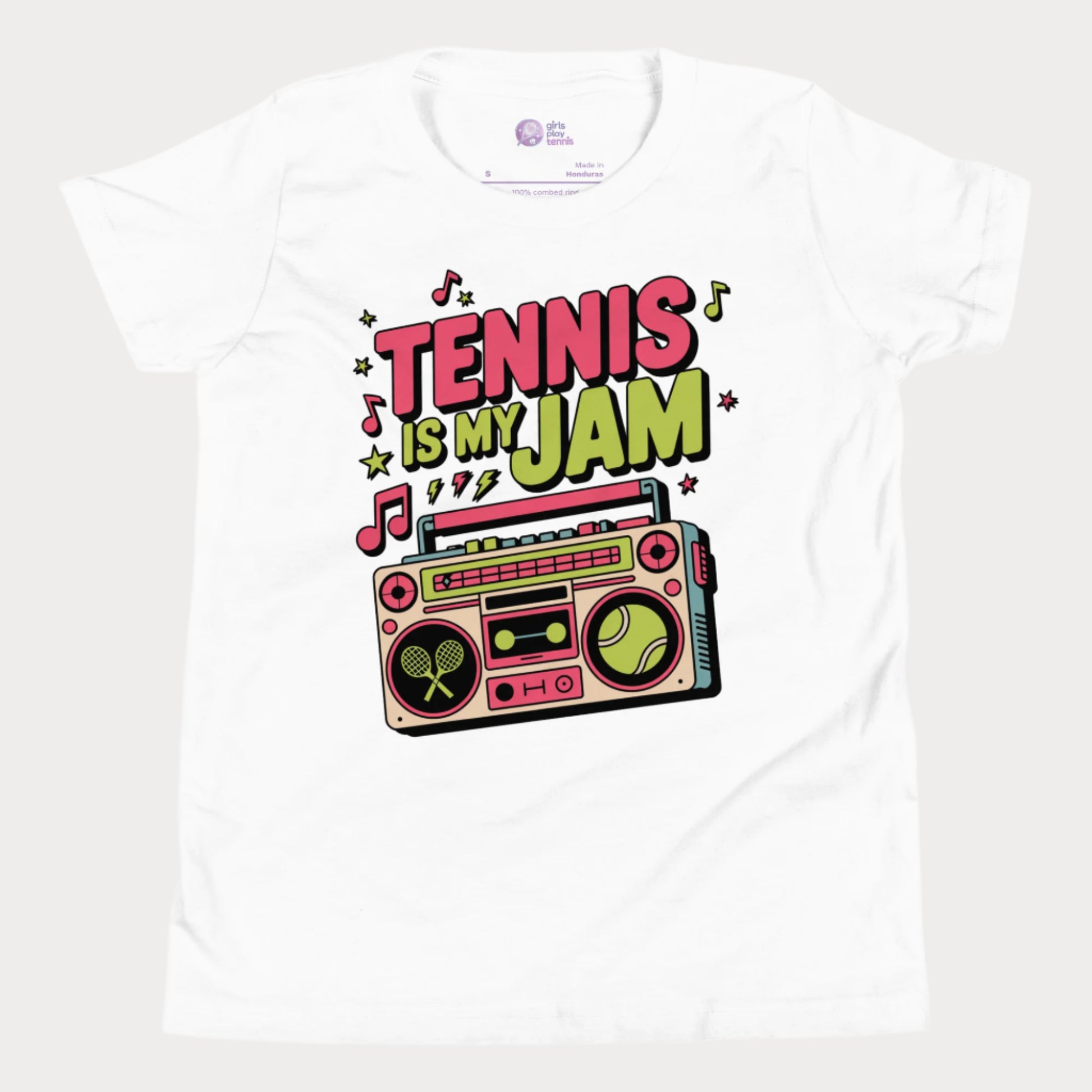 Girls tennis t-shirt with retro boombox and “Tennis Is My Jam” slogan on white tee