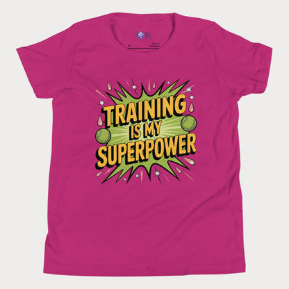 Girls tennis t-shirt with “Training Is My Superpower” slogan and energetic comic-style design