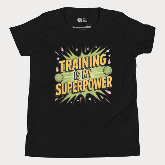Girls tennis t-shirt with “Training Is My Superpower” slogan and energetic comic-style design.
