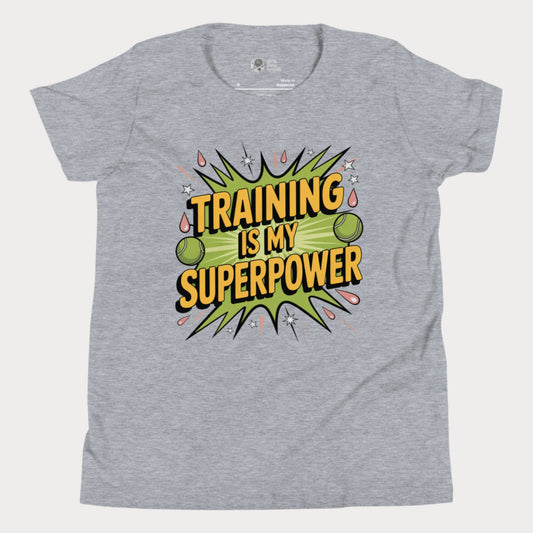 Girls tennis t-shirt with “Training Is My Superpower” slogan and energetic comic-style design.
