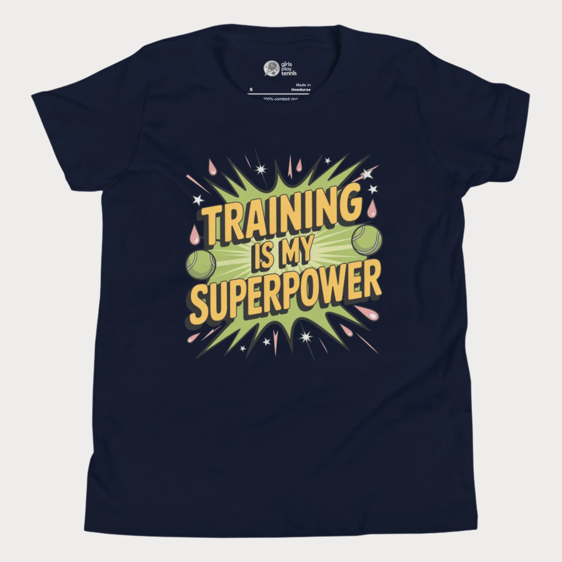 Girls tennis t-shirt with “Training Is My Superpower” slogan and energetic comic-style design