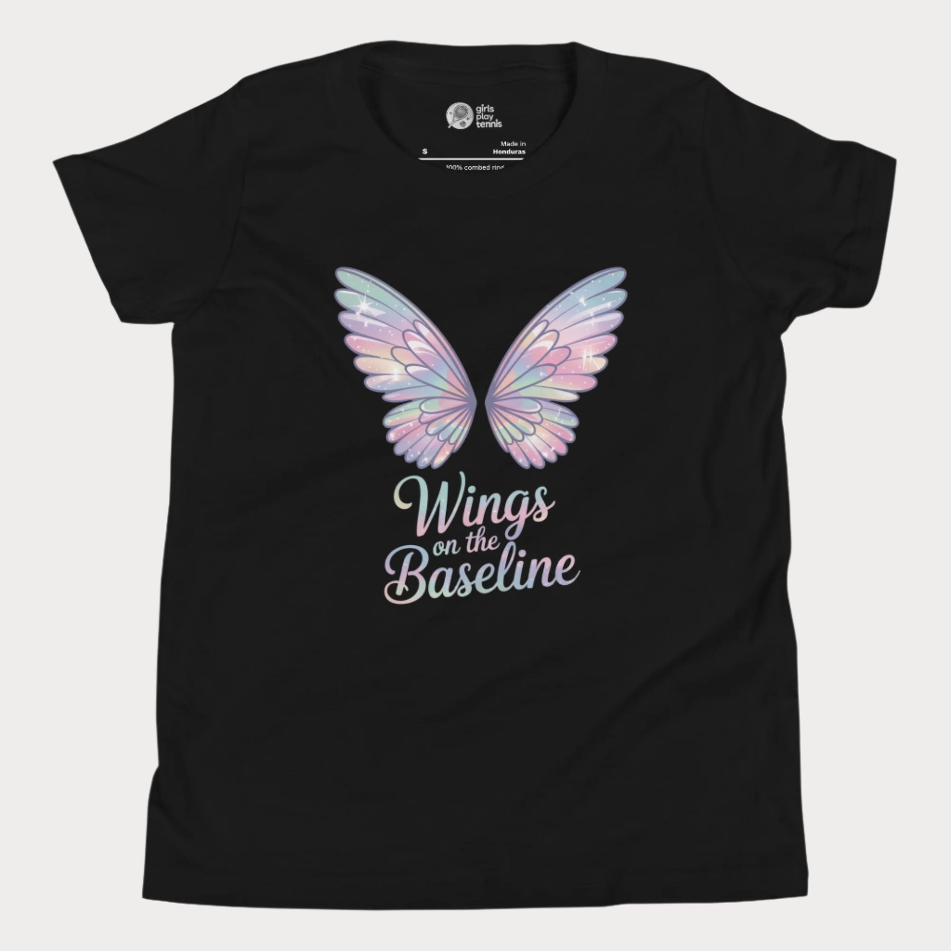Black girls tennis t-shirt with pastel fairy wings and “Wings on the Baseline” text – whimsical tennis design.