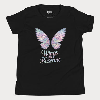 Black girls tennis t-shirt with pastel fairy wings and “Wings on the Baseline” text – whimsical tennis design.