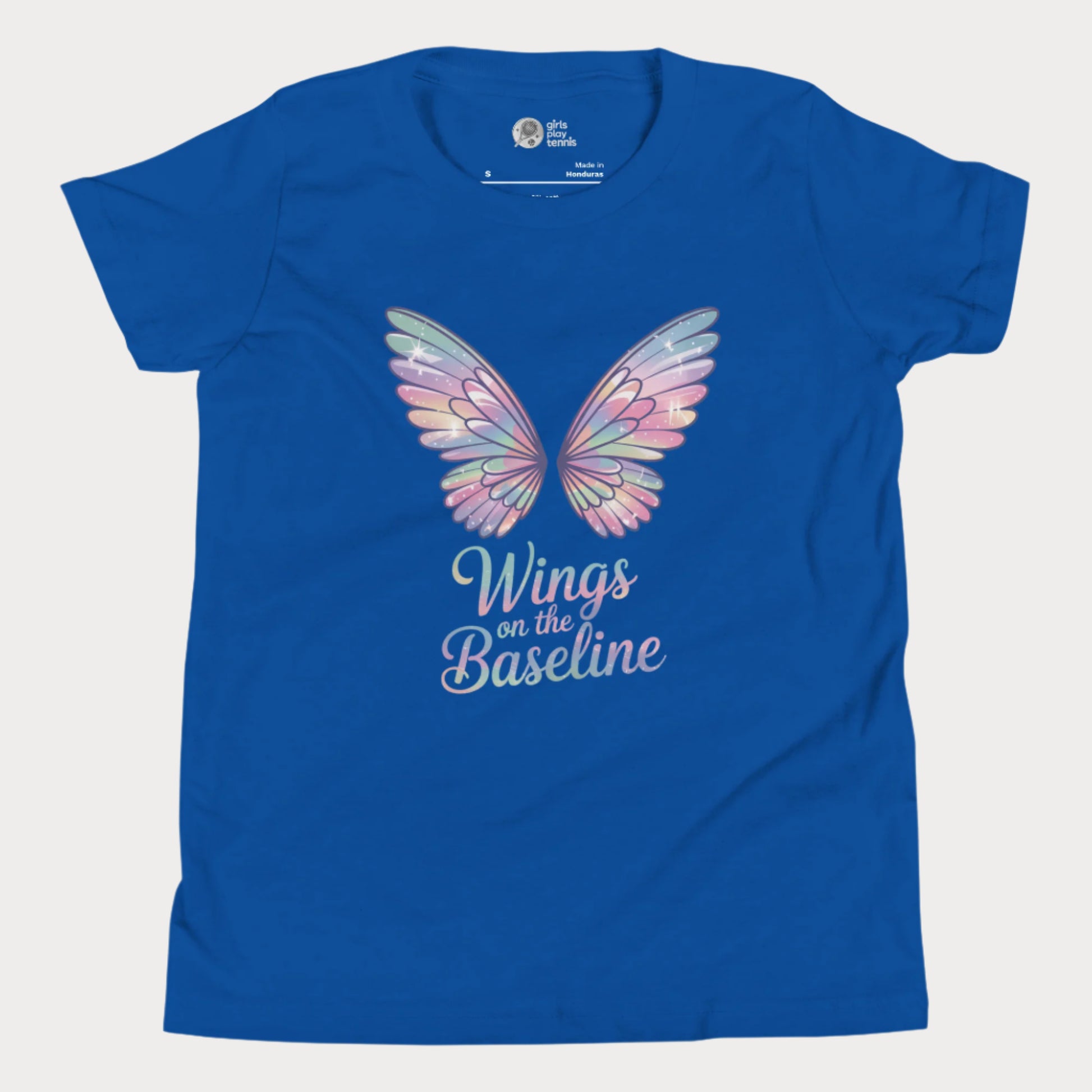 Royal blue girls tennis t-shirt with pastel fairy wings and “Wings on the Baseline” text – whimsical tennis design