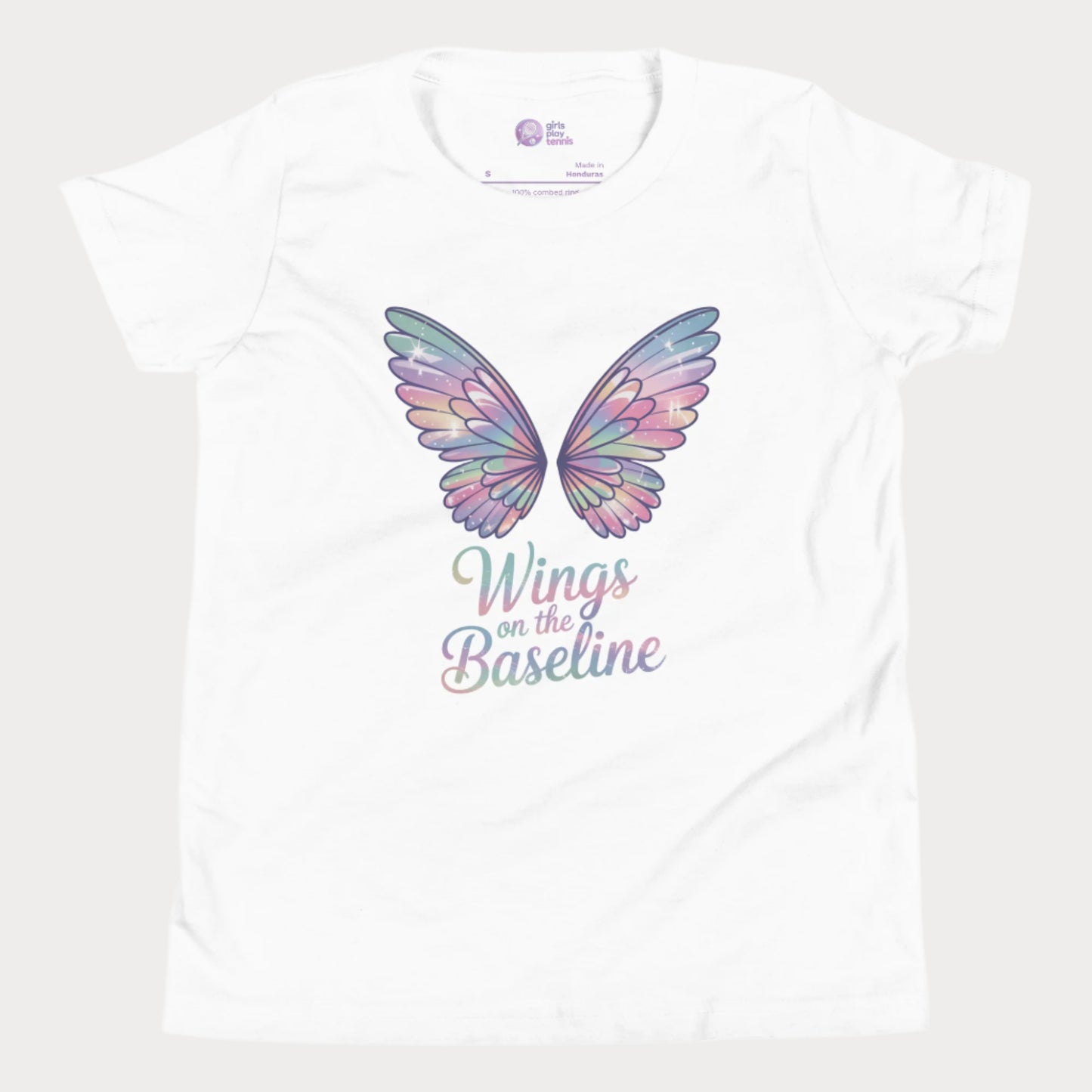 White girls tennis t-shirt with pastel fairy wings and “Wings on the Baseline” text – whimsical tennis design