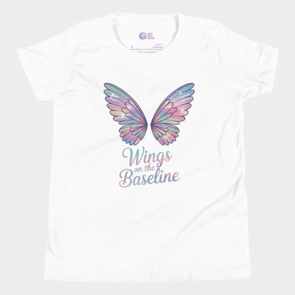 White girls tennis t-shirt with pastel fairy wings and “Wings on the Baseline” text – whimsical tennis design