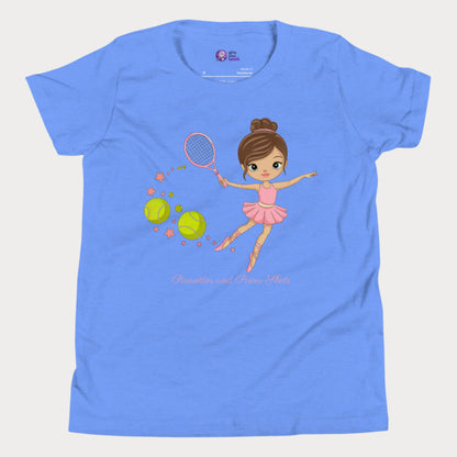 Adorable blue girls' tennis t-shirt featuring a ballerina in a pink tutu gracefully swinging a tennis racket, with stars and tennis balls trailing behind.