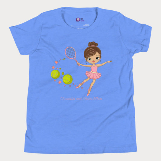 Adorable blue girls' tennis t-shirt featuring a ballerina in a pink tutu gracefully swinging a tennis racket, with stars and tennis balls trailing behind.