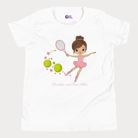 Adorable white girls' tennis t-shirt featuring a ballerina in a pink tutu gracefully swinging a tennis racket, with stars and tennis balls trailing behind.