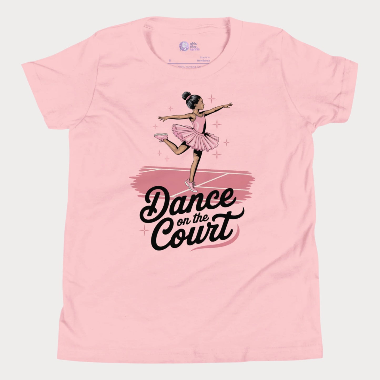 A stylish pink girls' tennis t-shirt featuring a graceful young ballerina in a pink tutu performing an elegant pose on a tennis court. The text 'Dance on the Court' blends ballet and tennis, celebrating the fluid movement and grace of the game. 