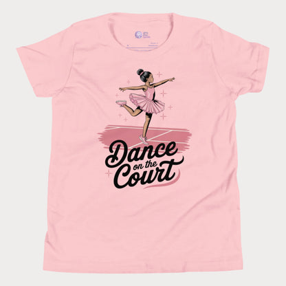 A stylish pink girls' tennis t-shirt featuring a graceful young ballerina in a pink tutu performing an elegant pose on a tennis court. The text 'Dance on the Court' blends ballet and tennis, celebrating the fluid movement and grace of the game. 