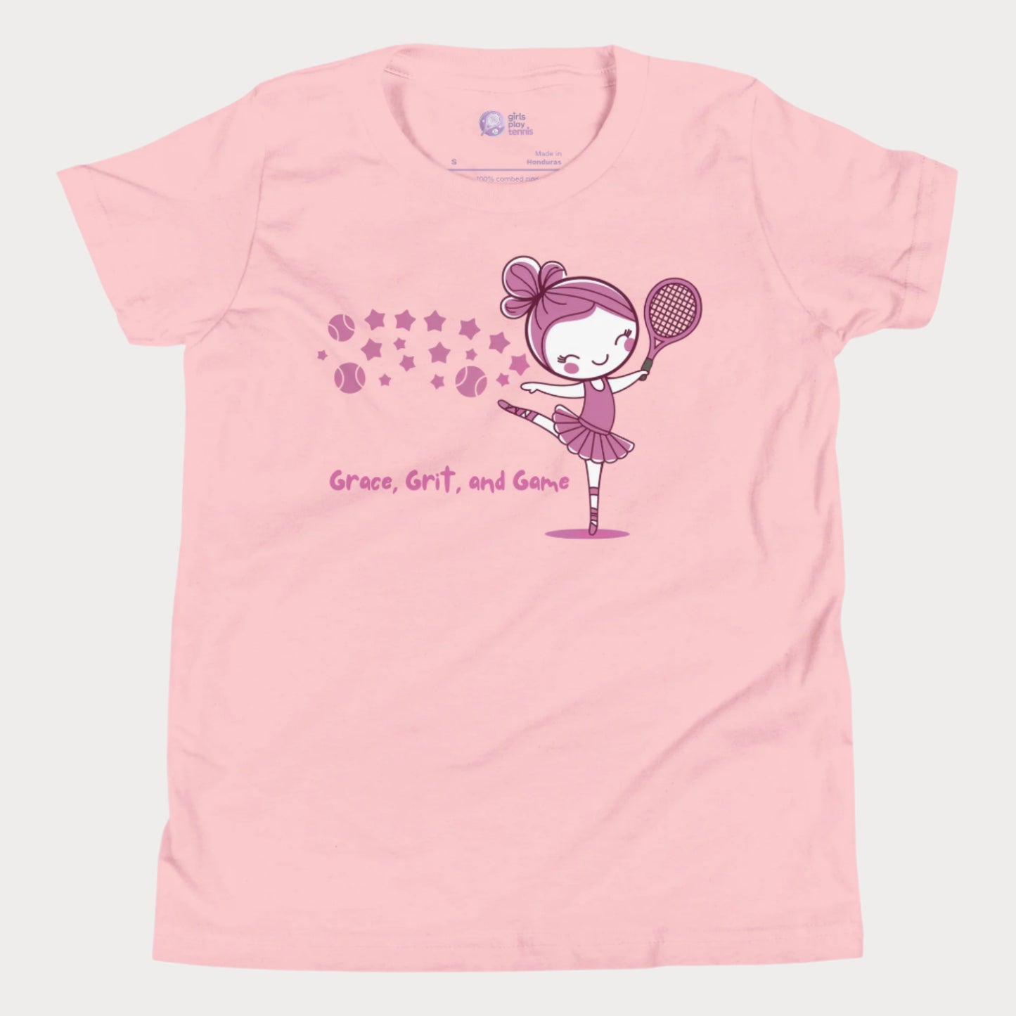 Pink girls' tennis t-shirt featuring a charming illustration of a ballerina holding a tennis racket, with the words "Grace, Grit, and Game" in pink.