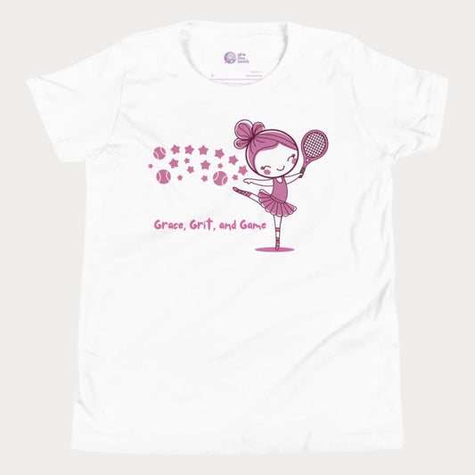 White girls' tennis t-shirt featuring a charming illustration of a ballerina holding a tennis racket, with the words "Grace, Grit, and Game" in pink.