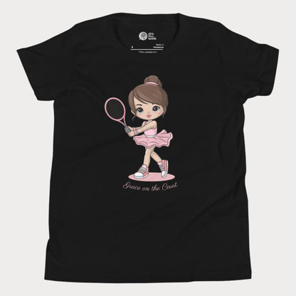 Cute girls’ tennis t-shirt featuring a ballet-inspired design with a young girl in a pink tutu holding a tennis racket. This "Grace on the Court" tee blends elegance and athleticism, perfect for little girls who love both ballet and tennis.