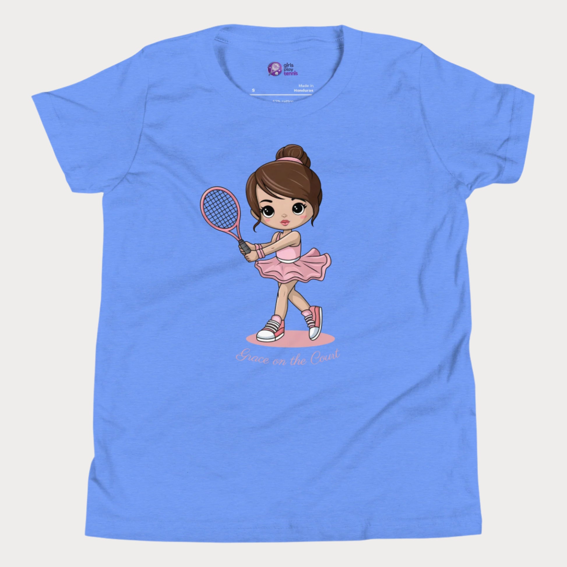 Cute girls’ tennis t-shirt featuring a ballet-inspired design with a young girl in a pink tutu holding a tennis racket. This "Grace on the Court" tee blends elegance and athleticism, perfect for little girls who love both ballet and tennis.