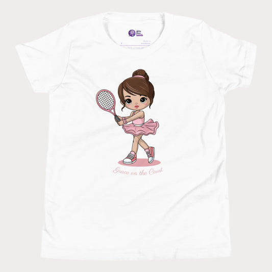 Cute girls’ tennis t-shirt featuring a ballet-inspired design with a young girl in a pink tutu holding a tennis racket. This "Grace on the Court" tee blends elegance and athleticism, perfect for little girls who love both ballet and tennis.