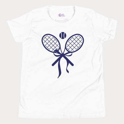 Cute girls' tennis t-shirt in berry featuring a stylish design of two crossed tennis rackets tied with a bow and a tennis ball above.