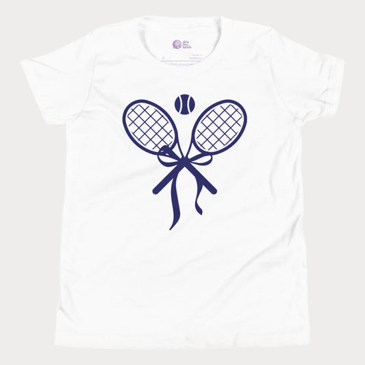 Cute girls' tennis t-shirt in berry featuring a stylish design of two crossed tennis rackets tied with a bow and a tennis ball above.