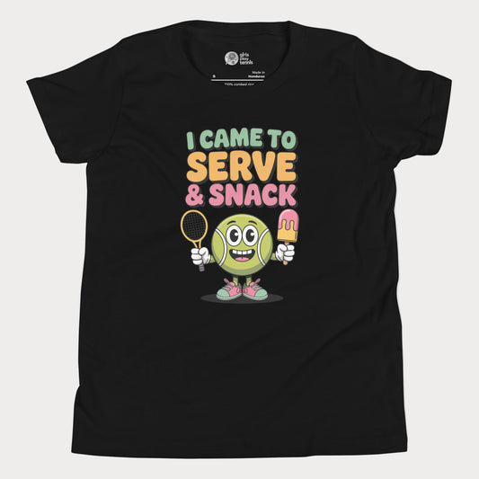 Cartoon tennis ball character holding racket and popsicle on a black girls' tennis t-shirt.