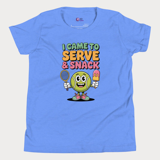 Cartoon tennis ball character holding racket and popsicle on a blue girls' tennis t-shirt.