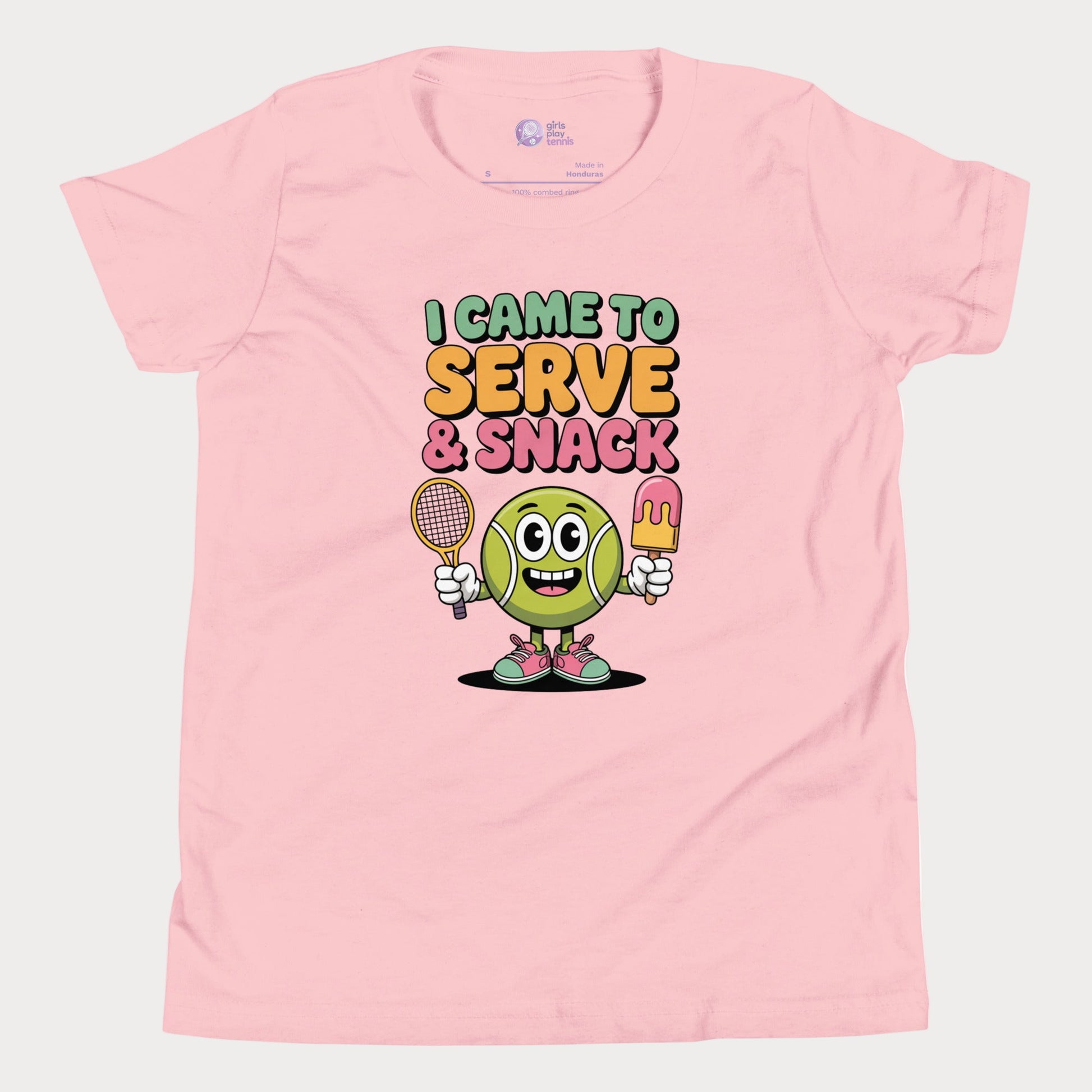 Cartoon tennis ball character holding racket and popsicle on a pink girls' tennis t-shirt.
