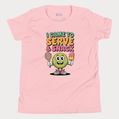 Cartoon tennis ball character holding racket and popsicle on a pink girls' tennis t-shirt.