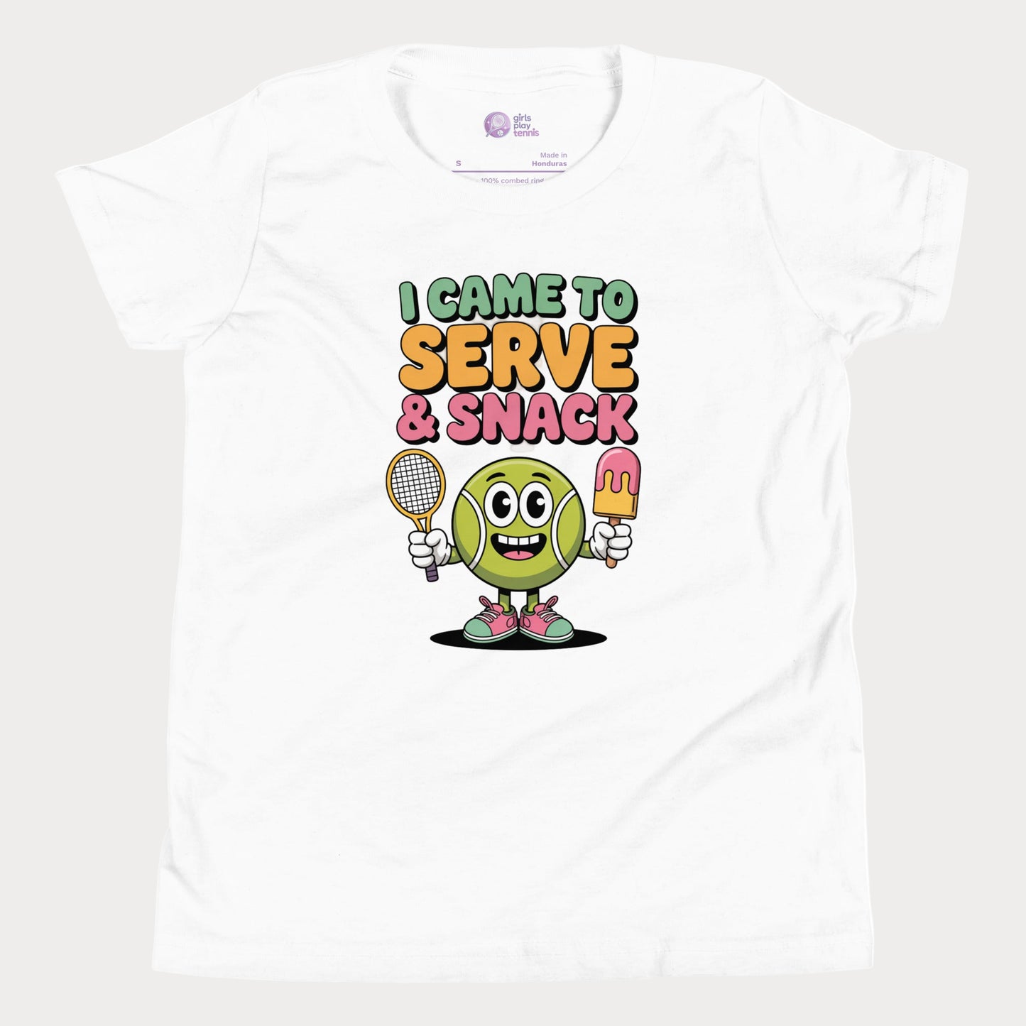 Cartoon tennis ball character holding racket and popsicle on a white girls' tennis t-shirt.