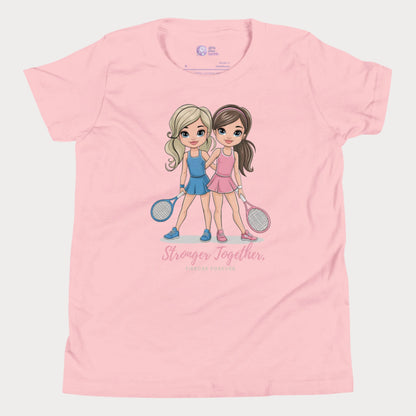 Pink girls' tennis t-shirt featuring two illustrated tennis players in blue and pink outfits holding rackets, with the empowering phrase "Stronger Together, Fiercer Forever."