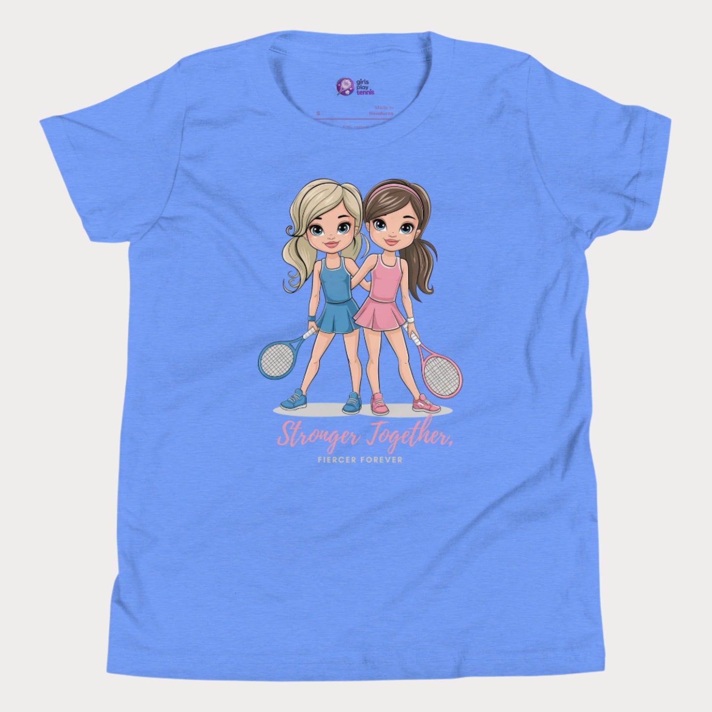 Blue girls' tennis t-shirt featuring two illustrated tennis players in blue and pink outfits holding rackets, with the empowering phrase "Stronger Together, Fiercer Forever."