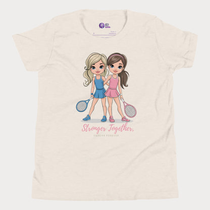 Beige girls' tennis t-shirt featuring two illustrated tennis players in blue and pink outfits holding rackets, with the empowering phrase "Stronger Together, Fiercer Forever."