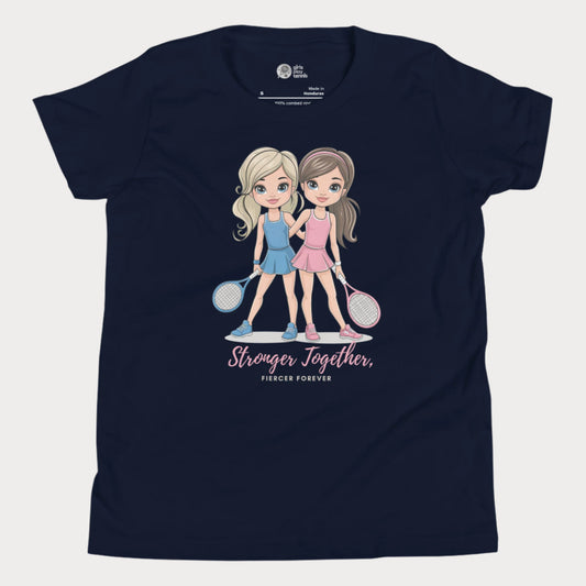 Navy girls' tennis t-shirt featuring two illustrated tennis players in blue and pink outfits holding rackets, with the empowering phrase "Stronger Together, Fiercer Forever."