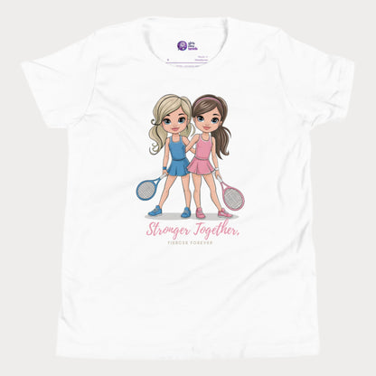 White girls' tennis t-shirt featuring two illustrated tennis players in blue and pink outfits holding rackets, with the empowering phrase "Stronger Together, Fiercer Forever."