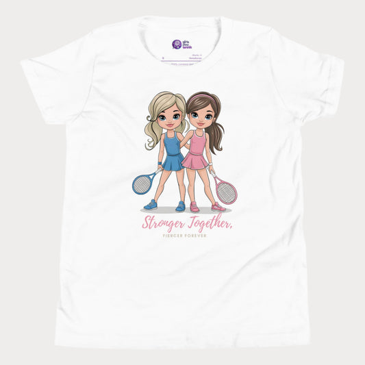 White girls' tennis t-shirt featuring two illustrated tennis players in blue and pink outfits holding rackets, with the empowering phrase "Stronger Together, Fiercer Forever."
