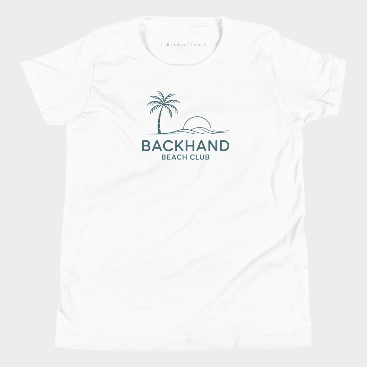 White Backhand Beach Club girls' tennis T-shirt with a palm tree, sun and waves graphic