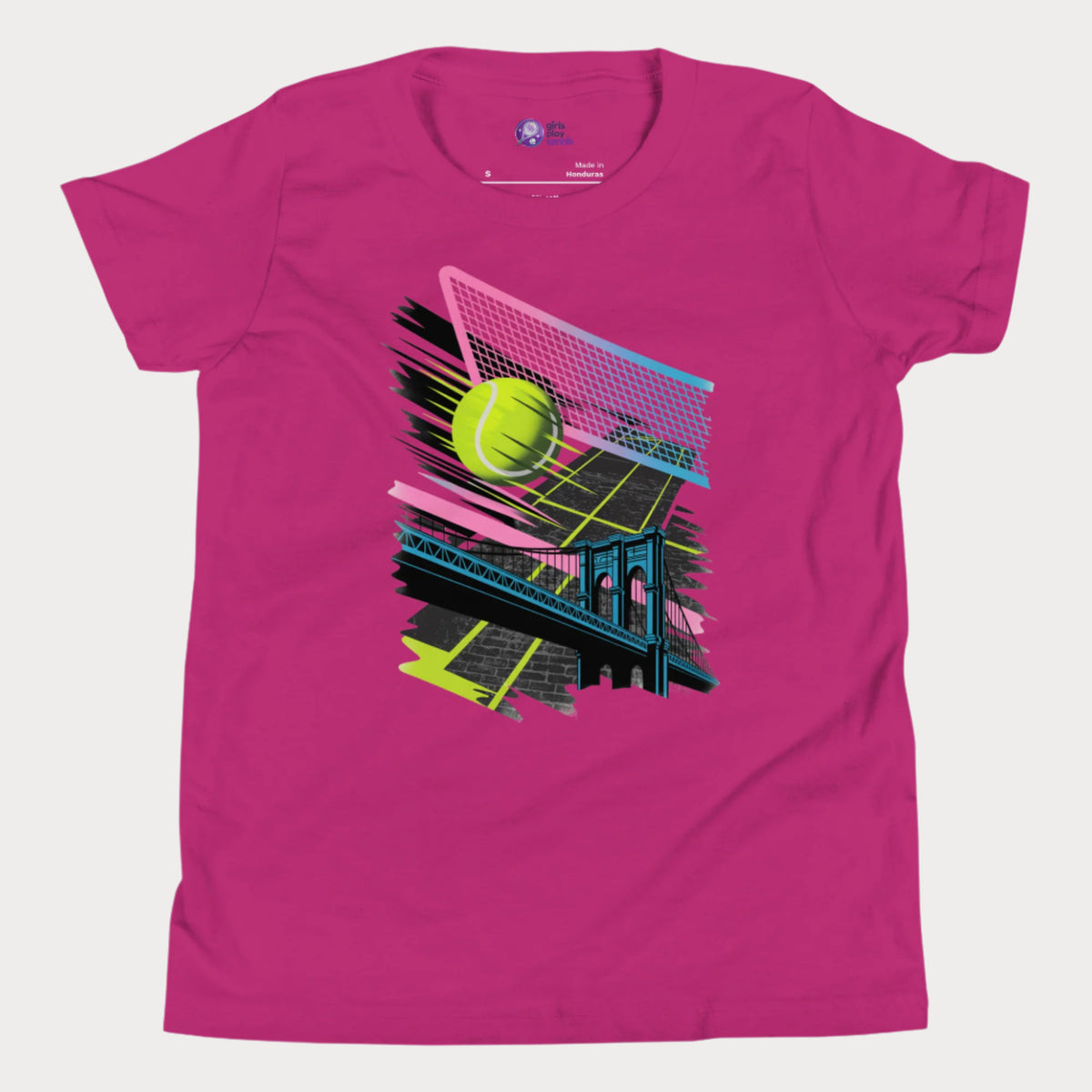 Berry Brooklyn Bridge girls' tennis T-shirt with a neon-style graphic of a tennis ball and net above a bridge