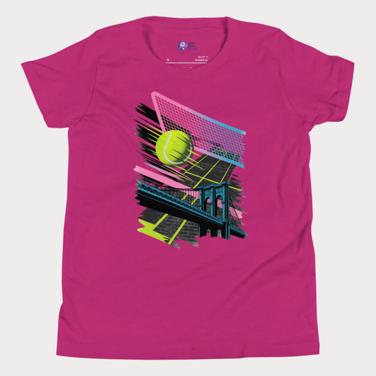 Berry Brooklyn Bridge girls' tennis T-shirt with a neon-style graphic of a tennis ball and net above a bridge