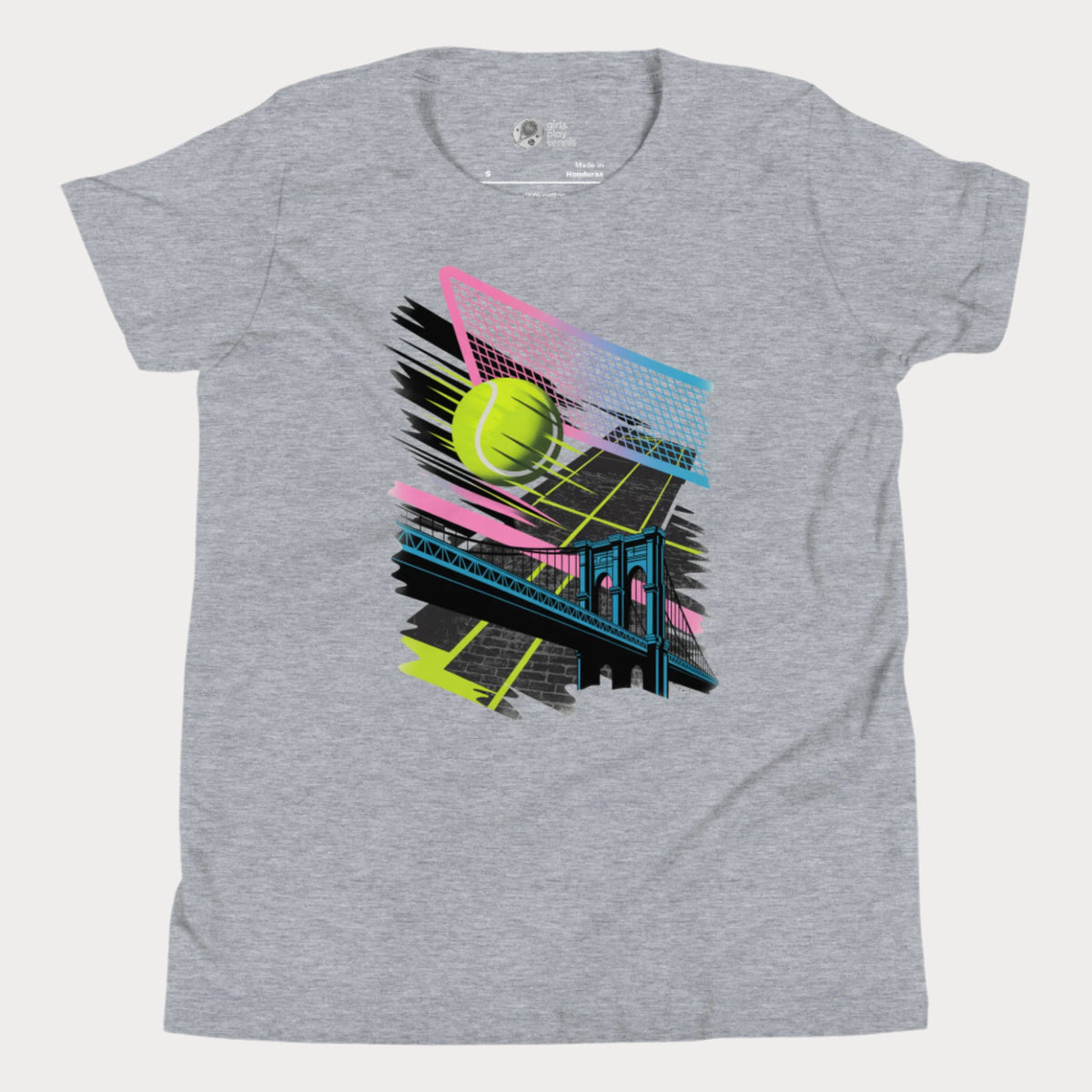 Grey Brooklyn Bridge girls' tennis T-shirt with a neon-style graphic of a tennis ball and net above a bridge