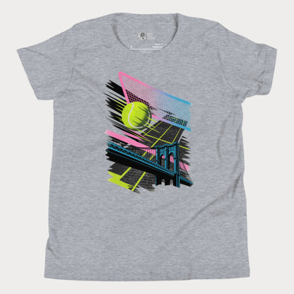 Grey Brooklyn Bridge girls' tennis T-shirt with a neon-style graphic of a tennis ball and net above a bridge